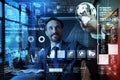Positive programmer looking at the transparent screen and feeling impressed