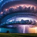 Amazing thunderstorm supercell cloud with lightning bolts flashing over Royalty Free Stock Photo