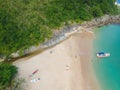 Aerial view of an amazing white sandy beach with turquoise water in tropical country Royalty Free Stock Photo