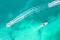 Amazing top view of yacht. Aerial view of luxury floating small ship in blue Caribbean sea. Yacht at the sea in Cancun Royalty Free Stock Photo