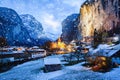 amazing touristic alpine village at night in winter with famous church and Staubbach waterfall Lauterbrunnen Switzerland Europe