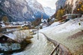 amazing touristic alpine village in winter with famous church and Staubbach waterfall Lauterbrunnen Switzerland Europe