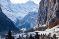 amazing touristic alpine village in winter Lauterbrunnen Switzerland Europe