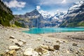 Amazing tourquise Oeschinnensee with waterfalls, wooden chalet and Swiss Alps, Berner Oberland, Switzerland