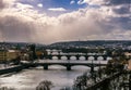 Amazing towers of Charles bridge and old town district with several bridges at Vltava river. Prague, Czech republic