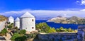 Amazing traditional Greece - beautiful Leros island, view with windmills . Dodekanese