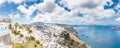 Amazing travel panorama in Santorini Greece. Luxury mood, vacation for romance and love. Blue sea bay and white houses Royalty Free Stock Photo