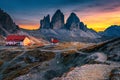 Amazing Tre Cime di Lavaredo mountains at sunset, Dolomites, Italy