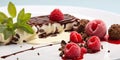 Amazing treat: white and dark chocolate cannelloni with delicate mascarpone mousse and juicy raspberries Royalty Free Stock Photo