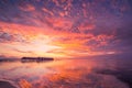 Amazing tropical beach sunrise or sunset landscape, luxury water villas and mirror reflection and colorful sky. Royalty Free Stock Photo