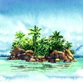 Amazing tropical island with palm trees, rocks from the sea, Maldivian atoll in ocean, panorama, watercolor illustration Royalty Free Stock Photo