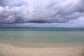 Amazing tropical landscape view. White sand beach , turquoise water and blue sky with white clouds. Horizon line. Royalty Free Stock Photo