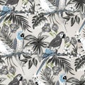 Amazing tropical pattern seamless with parrots Macaw and exotic flowers Hibiscus. Realistic illustration of tropic plants,