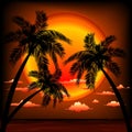 Sunset Tropical Seascape with Palm Trees vector Illustration Royalty Free Stock Photo