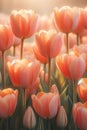 Amazing tulip flowers blooming in tulip field, against background blurry tulip flowers in sunset Royalty Free Stock Photo