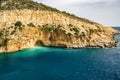 Amazing turquoise beach and cove on the way to Demre - Finike. Detail of cave. Kas, Antalya, Turkey. Summer and holiday background