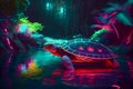 Amazing turtle in the fantasy garden with pond, generative ai illustration
