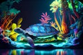 Amazing turtle in the fantasy garden with pond, generative ai illustration