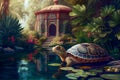 Amazing turtle in the garden with pond, generative ai illustration