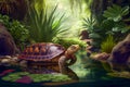 Amazing turtle in the beautiful garden with pond, generative ai illustration