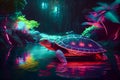 Amazing turtle in the garden with pond, hologram, neon, generative ai illustration