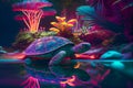 Amazing turtle in the garden with pond, hologram, neon, generative ai illustration