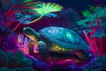 Amazing turtle in the fantasy garden, hologram, neon, generative ai illustration