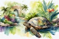 Amazing turtle in the garden with pond, generative ai illustration