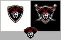 Amazing and unique angry pirate cartoon head with shield vector badge template