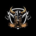 Amazing and Unique angry viking with axe and shield vector badge logo template