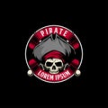 Amazing and unique pirate skull with cross sword and ribbon vector badge logo template