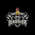 Amazing and unique warrior spartan bodybuilding with dumbbell vector badge logo template