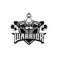 Amazing and unique warrior spartan bodybuilding with dumbbell vector badge logo template