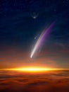 Amazing unreal background: giant colorful comet and dark planet in starry sky over glowing red horizon Royalty Free Stock Photo