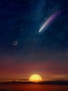 Amazing unreal background: giant colorful comet and dark planet in starry sky over glowing sunset