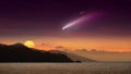 Amazing unreal background: giant colorful comet in glowing sunset sky over mountains and sea. Mixed media image