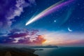 Amazing unreal background: giant colorful comet and rising crescent moon in starry sky over calm sea Royalty Free Stock Photo