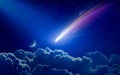 Amazing unreal background: giant colorful comet in starry night sky over clouds. Comet is icy small Solar System body