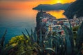 Amazing Vernazza village on the cliffs at sunset, Liguria, Italy Royalty Free Stock Photo
