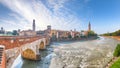 Amazing Verona cityscape view on the riverside with historical buildings ,bridges and tower