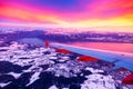 Amazing view from the airplane window during the sunset over mountains in Switzerland Royalty Free Stock Photo