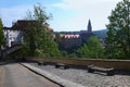 Amazing view of ancient Cesky Krumlov Czech Republic. The castle and tower in spring morning.