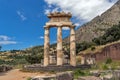 Amazing view Athena Pronaia Sanctuary at Ancient Greek archaeological site of Delphi, Greece Royalty Free Stock Photo