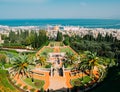 Israel, Haifa, Marh, 22, 2016 - Amazing view of the Bahai beautiful gardens against the background of the Haifa city and Royalty Free Stock Photo