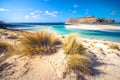 Amazing view of Balos Lagoon with magical turquoise waters, lagoons, tropical beaches of pure white sand and Gramvousa island. Royalty Free Stock Photo