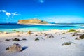 Amazing view of Balos Lagoon with magical turquoise waters, lagoons, tropical beaches of pure white sand and Gramvousa island. Royalty Free Stock Photo