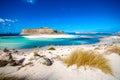 Amazing view of Balos Lagoon with magical turquoise waters, lagoons, tropical beaches of pure white sand and Gramvousa island. Royalty Free Stock Photo