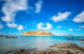 Amazing view of Balos Lagoon with magical turquoise waters, lagoons, tropical beaches of pure white sand and Gramvousa island. Royalty Free Stock Photo