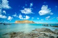 Amazing view of Balos Lagoon with magical turquoise waters, lagoons, tropical beaches of pure white sand and Gramvousa island. Royalty Free Stock Photo