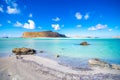 Amazing view of Balos Lagoon with magical turquoise waters, lagoons, tropical beaches of pure white sand and Gramvousa island. Royalty Free Stock Photo